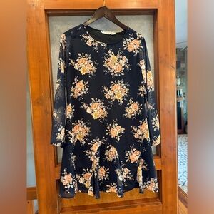 Blue dress with floral and mesh sleeves. Size 2.